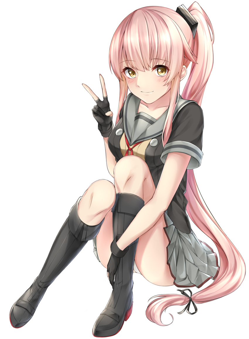 1girl black_footwear black_gloves black_ribbon blush boots eyebrows_visible_through_hair fingerless_gloves floating_hair full_body gloves grey_skirt hair_ribbon high_ponytail highres kantai_collection knee_boots long_hair looking_at_viewer low-tied_long_hair miniskirt neck_ribbon panties pantyshot pantyshot_(sitting) pink_hair pleated_skirt red_ribbon ribbon rukinya_(nyanko_mogumogu) shiny shiny_hair short_sleeves side_ponytail simple_background sitting skirt smile solo underwear v very_long_hair white_background white_panties yellow_eyes yura_(kantai_collection)