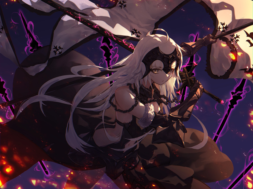 1girl absurdres ahoge armor armored_dress bangs banner bare_shoulders black_dress breasts chains closed_mouth dark_excalibur dress dutch_angle eyebrows_visible_through_hair fate/grand_order fate_(series) flag from_above fur_trim gauntlets godoju hair_between_eyes headpiece highres holding holding_sword holding_weapon jeanne_d'arc_(alter)_(fate) jeanne_d'arc_(fate)_(all) long_hair looking_at_viewer shadow silver_hair solo sparks sword weapon yellow_eyes