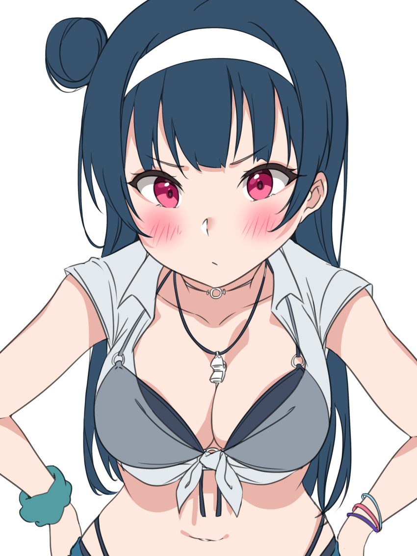 1girl absurdres bangs blue_hair blush bracelet breasts choker cleavage collarbone flat_color hairband hands_on_hips highres jewelry long_hair looking_at_viewer love_live! love_live!_sunshine!! medium_breasts midriff navel o-ring o-ring_bikini shirt short_sleeves side_bun simple_background solo sweatband tem10 tied_shirt tsushima_yoshiko upper_body v-shaped_eyebrows violet_eyes whistle whistle_around_neck white_background wristband