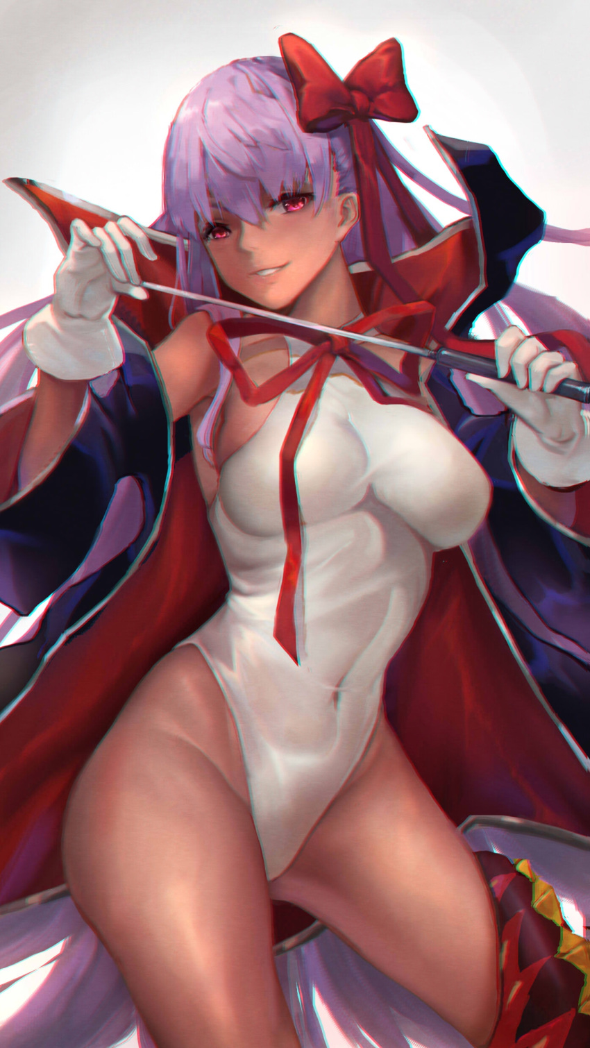 1girl absurdres ass_visible_through_thighs bb_(fate)_(all) bb_(swimsuit_mooncancer)_(fate) bow cape chromatic_aberration chromatic_aberration_abuse commentary contrapposto covered_navel fate/grand_order fate_(series) gloves hair_bow highres leotard long_hair pantie_painting purple_hair red_bow red_eyes see-through smirk solo wide_sleeves