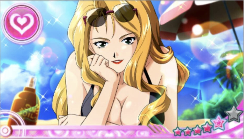 beach beach_umbrella bikini black_bikini blonde_hair breasts hand_on_own_cheek heart highres large_breasts lipstick long_hair lotion macross macross_7 makeup ocean official_art palm_tree rex_(macross_7) sky smile sunglasses sunscreen swimsuit tree umbrella uta_macross_sumaho_deculture