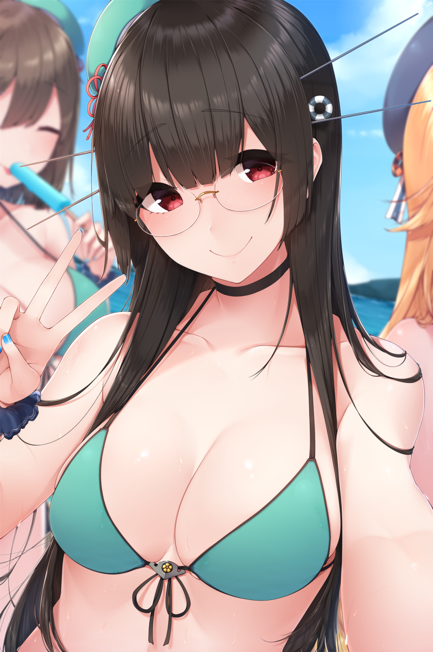 3girls adapted_costume arm_up atago_(kantai_collection) bangs bare_arms bare_shoulders beret bikini black_hair blonde_hair blue_hat blunt_bangs breasts brow brown_hair choker choukai_(kantai_collection) closed_mouth eyebrows_visible_through_hair glasses green_bikini hat headgear highres kantai_collection long_hair looking_at_viewer maya_(kantai_collection) medium_breasts multiple_girls peaked_cap red_eyes remodel_(kantai_collection) rimless_eyewear short_hair smile solo_focus straight_hair swimsuit upper_body v very_long_hair yukichi_(sukiyaki39)