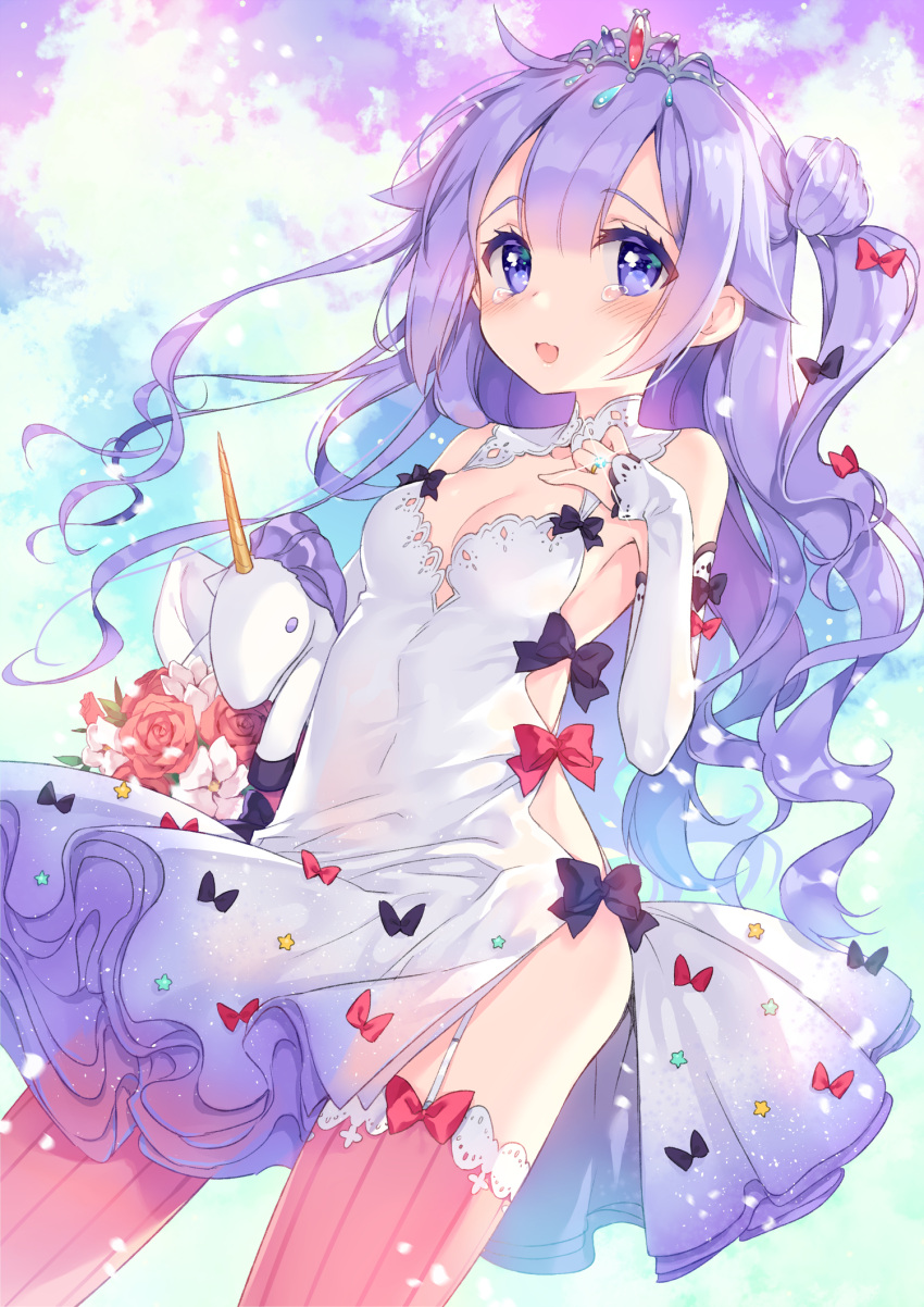 1girl ahoge azur_lane bangs blush bouquet bow breasts bridal_gauntlets cleavage commentary cowboy_shot detached_collar dress eyebrows_visible_through_hair flower garter_straps gem hair_between_eyes hair_bow hair_flaps hand_on_own_chest happy_tears highres holding holding_stuffed_animal jewelry long_hair looking_at_viewer manle medium_breasts one_side_up open_mouth pink_legwear purple_hair ring rose side_bun smile solo sparkle standing striped striped_legwear stuffed_animal stuffed_toy stuffed_unicorn tears thigh-highs tiara unicorn_(azur_lane) vertical-striped_legwear vertical_stripes violet_eyes wedding_dress wedding_ring white_dress wind