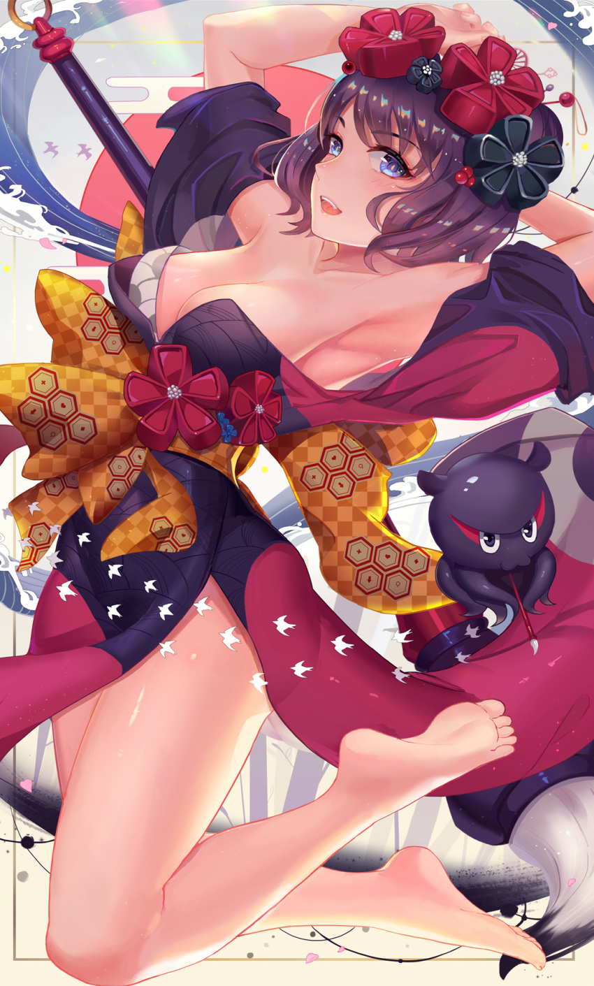 1girl armpits arms_behind_head arms_up bangs bare_shoulders barefoot black_kimono blue_eyes blush breasts calligraphy_brush cleavage collarbone fate/grand_order fate_(series) feet fine_art_parody flower giant_brush hair_flower hair_ornament hairpin highres hips ink japanese_clothes katsushika_hokusai_(fate/grand_order) kimono l.bou legs looking_at_viewer medium_breasts nihonga obi octopus off_shoulder open_mouth paintbrush parody purple_hair red_kimono sash shiny shiny_hair short_hair smile soles solo swept_bangs thighs toes ukiyo-e wide_sleeves