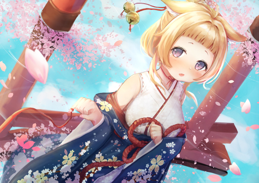 1girl animal_ears ariake_(azur_lane) azur_lane bell blush breasts cherry_blossoms clenched_hands commentary_request fang hair_ornament highres japanese_clothes looking_at_viewer momiji_manjuu_(usagiblackmore) red_string reflection short_hair solo string torii violet_eyes