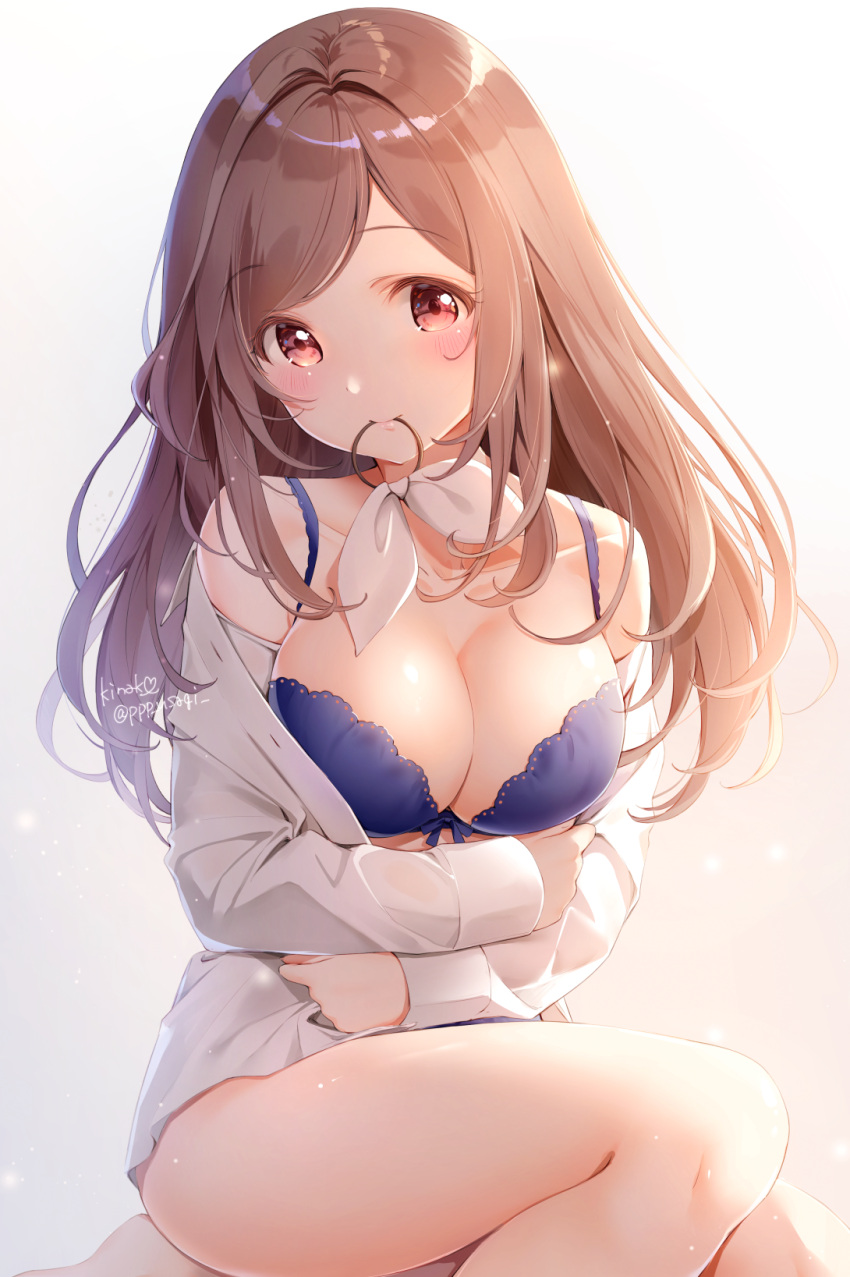 1girl bangs bare_shoulders blouse blue_bow blue_bra blush bow bow_bra bra breast_hold breasts brown_hair cleavage collarbone colored_eyelashes commentary_request eyebrows_visible_through_hair gradient gradient_background grey_background hair_bow head_tilt highres idolmaster idolmaster_shiny_colors large_breasts long_hair looking_at_viewer mouth_hold open_blouse open_clothes pink_eyes ribbon shiny shiny_hair shiny_skin shiratama_akane signature sitting solo thighs tsukioka_kogane twitter_username unbuttoned underwear white_background white_blouse