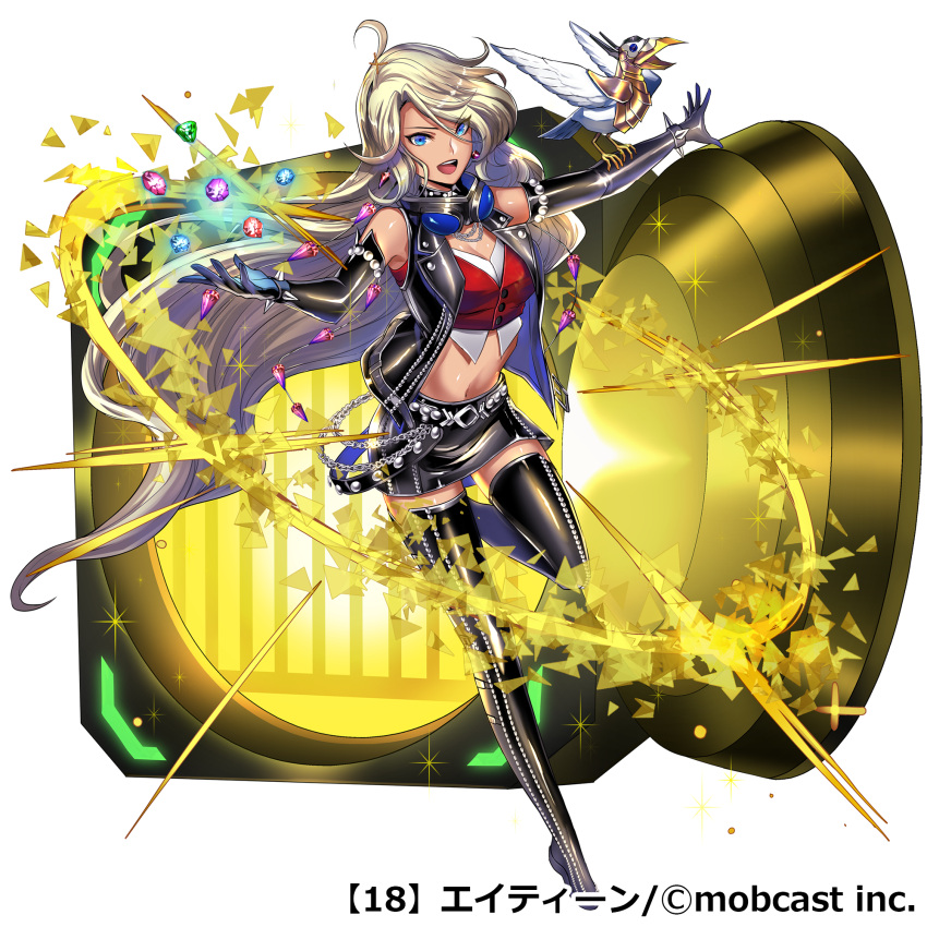 1girl :d ahoge armored_animal belt bird black_gloves black_jacket black_legwear black_skirt blonde_hair bracelet breasts chains cleavage copyright_request elbow_gloves eyebrows_visible_through_hair eyes_visible_through_hair gem gloves goggles goggles_around_neck grate hair_ornament highres jacket jewelry leather leather_jacket leather_skirt long_hair looking_at_viewer mw_memeta navel official_art open_mouth red_vest skirt smile solo spiked_bracelet spikes standing standing_on_one_leg very_long_hair vest watermark x_hair_ornament