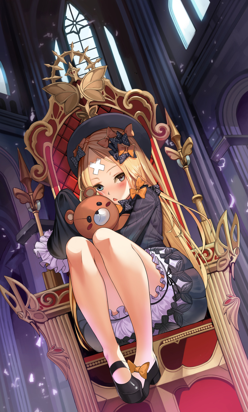 1girl abigail_williams_(fate/grand_order) absurdres bangs black_bow black_dress black_footwear black_hat blonde_hair bloomers blue_eyes blush blush_stickers bow bug butterfly chestnut_mouth commentary_request crossed_bandaids dress fate/grand_order fate_(series) hair_bow hat highres indoors insect knees_up long_hair long_sleeves looking_at_viewer m_chant mary_janes object_hug orange_bow parted_bangs parted_lips polka_dot polka_dot_bow shoes sitting sleeves_past_fingers sleeves_past_wrists solo stuffed_animal stuffed_toy teddy_bear thighs throne underwear very_long_hair white_bloomers window