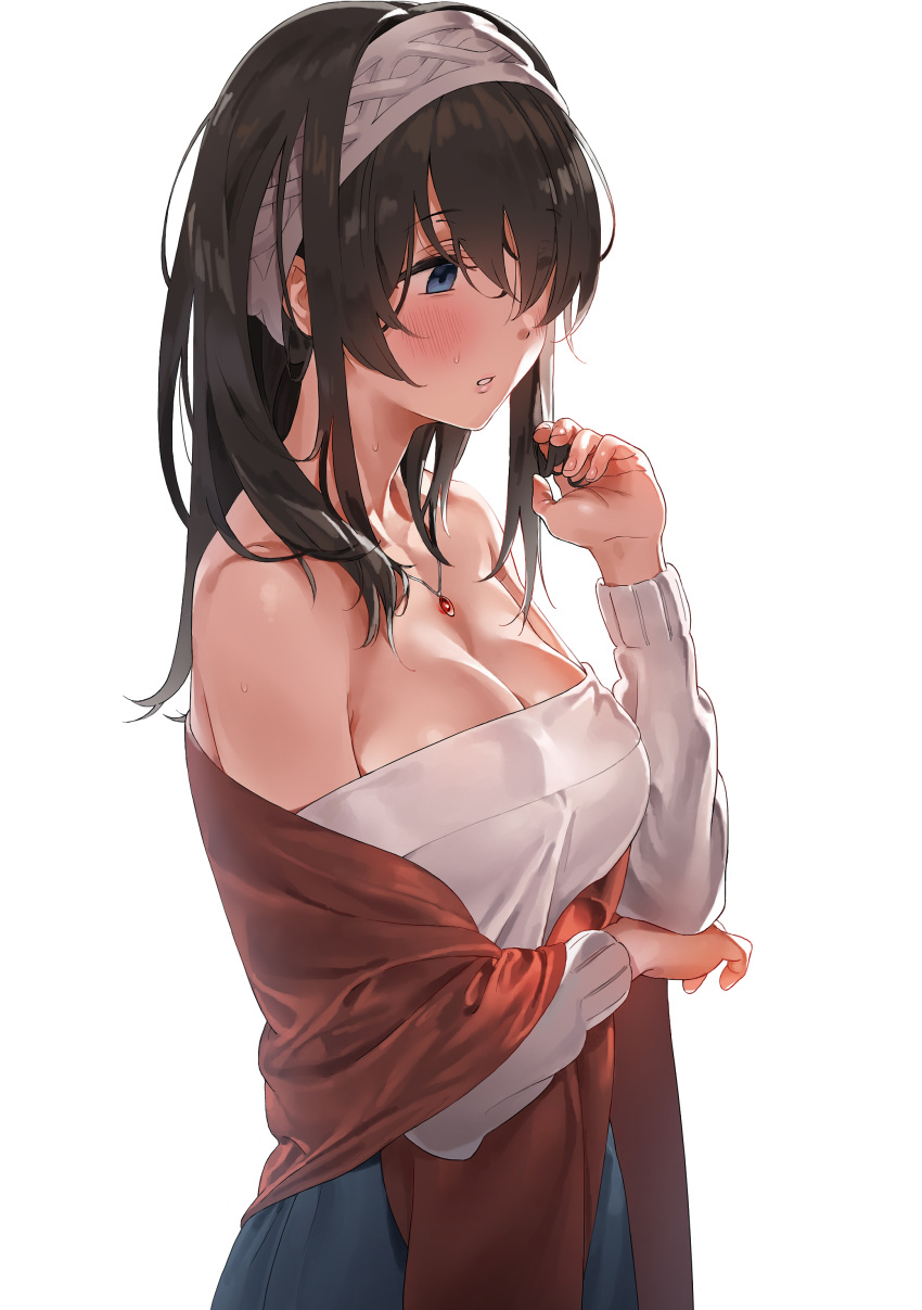 1girl absurdres ameyame bare_shoulders black_hair blue_eyes blush breasts cleavage commentary_request empty_eyes eyebrows_visible_through_hair hairband highres idolmaster idolmaster_cinderella_girls idolmaster_cinderella_girls_starlight_stage jewelry large_breasts long_hair long_sleeves necklace off-shoulder_sweater parted_lips pendant ribbed_sweater sagisawa_fumika shawl sidelocks simple_background solo sweat sweater white_background