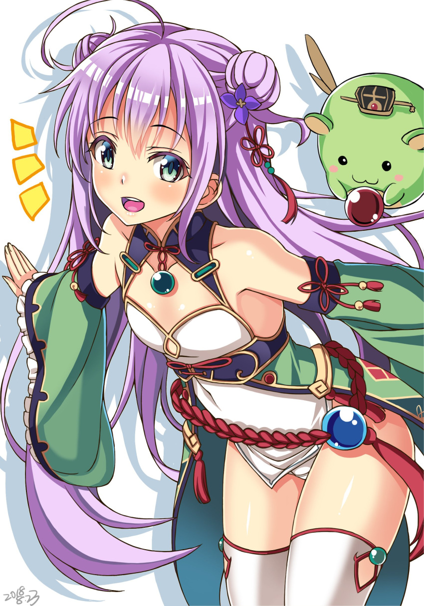 1girl absurdres ahoge collarbone commentary_request detached_sleeves double_bun flat_chest flower_knight_girl gem green_eyes hair_ornament highres hihiirokane_m long_hair looking_at_viewer open_mouth outstretched_arms purple_hair simple_background solo spread_arms thigh-highs