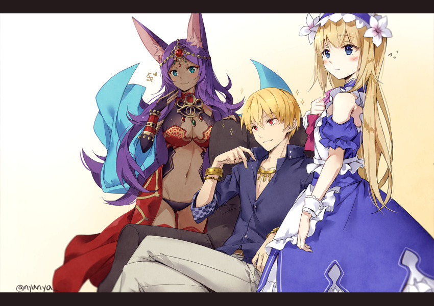 1boy 1girl 1other :3 animal_ears apron armchair ass_visible_through_thighs bangs beige_background blonde_hair blue_shirt blush breasts chair chevalier_d'eon_(fate/grand_order) cleavage closed_mouth collarbone commentary_request dark_skin detached_sleeves dress dress_shirt earrings eyebrows_visible_through_hair fate/grand_order fate_(series) flower flying_sweatdrops frilled_apron frills gilgamesh gradient gradient_background green_eyes grey_pants groin hair_between_eyes hair_flower hair_ornament hairband hand_up jewelry legs_crossed letterboxed long_hair looking_at_viewer medium_breasts navel nyanya pants parted_bangs puffy_short_sleeves puffy_sleeves purple_dress purple_hair purple_hairband queen_of_sheba_(fate/grand_order) red_eyes shirt short_sleeves sitting sleeveless sleeveless_dress standing twitter_username very_long_hair waist_apron white_apron white_background white_flower wrist_cuffs
