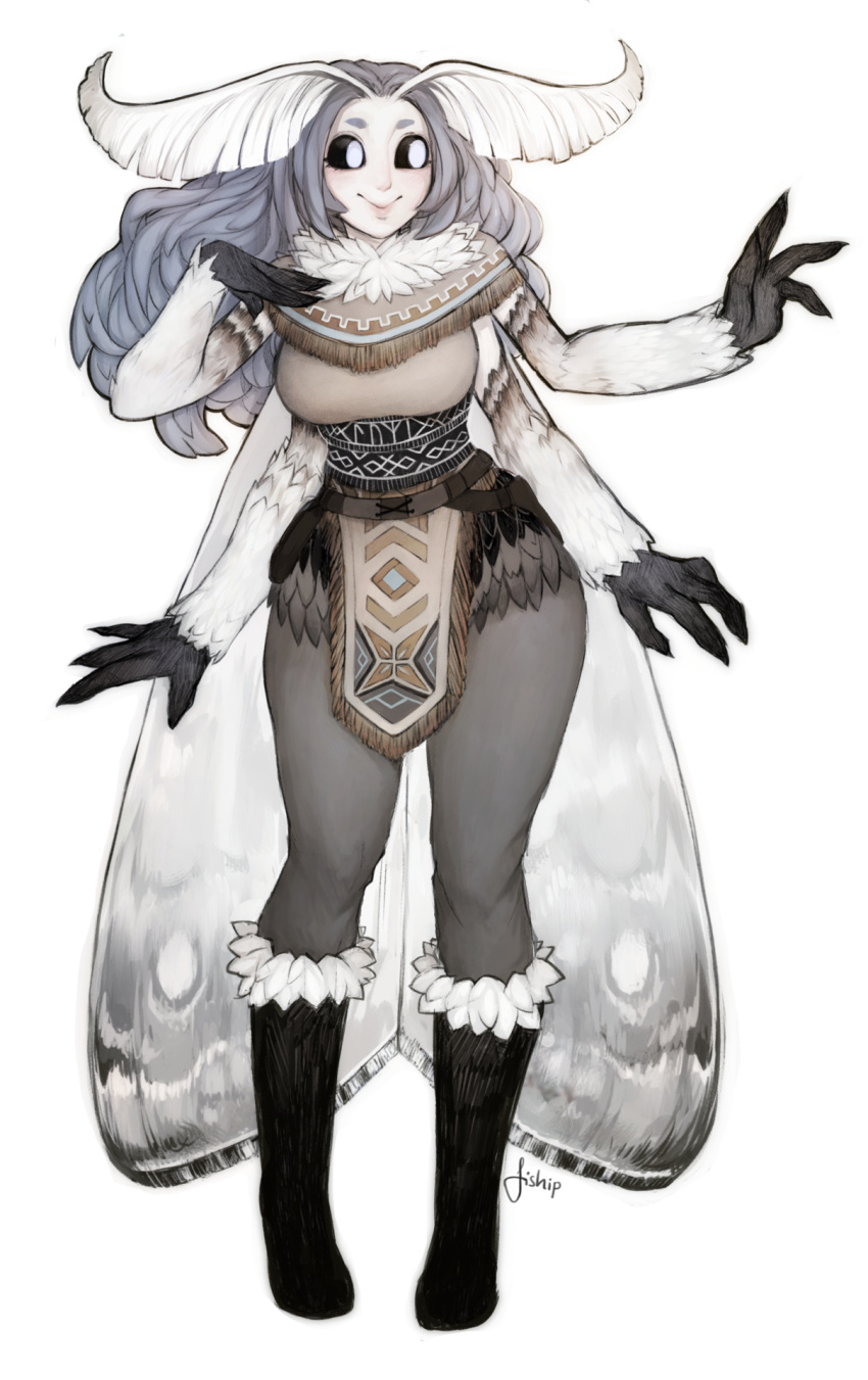 1girl antennae artist_name black_footwear black_sclera boots capelet full_body fur fur-trimmed_boots fur_collar fur_trim grey_hair hand_on_own_chest highres knee_boots long_hair looking_to_the_side matilda_vin monster_girl moth_girl moth_wings mother_lumi multiple_arms no_pupils original pelvic_curtain simple_background smile solo white_background wings
