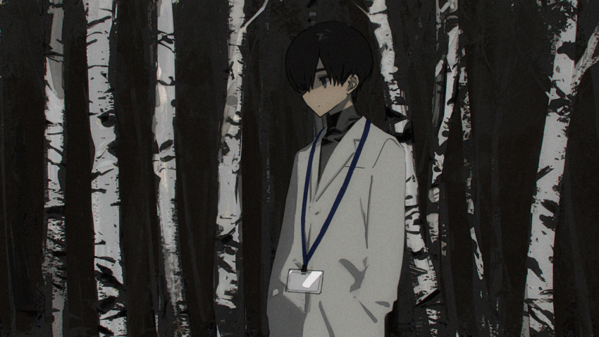 1boy black_hair black_sweater closed_mouth hair_over_one_eye hands_in_pockets hirota_tsuu labcoat long_sleeves male_focus name_tag one_eye_covered original solo standing sweater tree