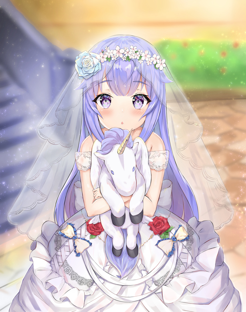 1girl :o absurdres azur_lane bangs bare_shoulders blue_flower blue_rose blurry blurry_background blush bow bridal_veil chestnut_mouth commentary_request day depth_of_field dress eyebrows_visible_through_hair flower frilled_bow frills hair_flower hair_ornament highres huge_filesize lisu looking_at_viewer object_hug outdoors parted_lips purple_hair red_flower red_rose rose see-through sleeveless sleeveless_dress solo stairs standing stone_stairs stuffed_animal stuffed_pegasus stuffed_toy stuffed_unicorn unicorn_(azur_lane) veil violet_eyes white_dress yellow_bow