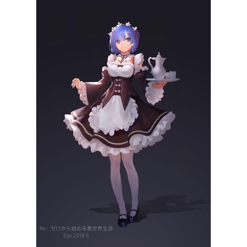 1girl apron bangs black_bow black_footwear black_ribbon black_skirt blue_eyes blue_hair blush bow breasts closed_mouth commentary_request copyright_name corset cup dark_background detached_collar detached_sleeves frilled_skirt frills full_body hair_ornament hair_ribbon hairband highres holding holding_tray ittou lolita_hairband long_sleeves looking_at_viewer maid maid_apron mary_janes medium_breasts medium_skirt pantyhose partial_commentary purple_ribbon re:zero_kara_hajimeru_isekai_seikatsu rem_(re:zero) ribbon ribbon-trimmed_collar ribbon_trim shadow shoes short_hair skirt smile solo standing teapot tray waist_apron white_apron white_bow white_legwear wide_sleeves x_hair_ornament