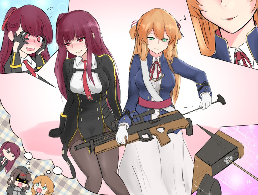 3girls arm_support bangs blood blush breasts brown_hair bullpup character_request cleaning_gun cleaning_weapon closed_mouth dress eyebrows_visible_through_hair flying_sweatdrops girls_frontline gloves green_eyes gun hadoukirby hair_between_eyes hands_on_own_face holding holding_weapon long_hair m1903_springfield_(girls_frontline) multiple_girls musical_note necktie nose_blush nosebleed pantyhose purple_hair rifle sexually_suggestive smile sniper_rifle thought_bubble wa2000_(girls_frontline) walther walther_wa_2000 weapon