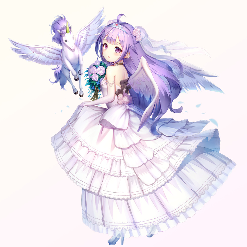 1girl :d absurdres ahoge alicorn animal azur_lane bangs bare_shoulders beige_background black_choker blue_footwear blush bouquet bow bridal_veil choker commentary_request dress elbow_gloves eyebrows_visible_through_hair flower full_body gloves hair_flower hair_ornament high_heels highres holding holding_bouquet huge_filesize layered_dress looking_at_viewer looking_to_the_side open_mouth petals pink_flower pink_rose pleated_dress purple_hair rose see-through shoe_soles shoes simple_background smile solo strapless strapless_dress teratsuu tiara unicorn_(azur_lane) veil violet_eyes white_bow white_dress white_gloves