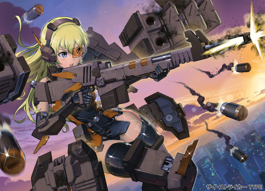 1girl :o absurdres alice_gear_aegis belt black_gloves black_legwear blonde_hair blue_eyes breasts bullet cityscape dutch_angle elbow_gloves explosive firing glint gloves goodotaku grenade gun headset highres holding holding_gun holding_weapon looking_to_the_side medium_breasts midair pouch robotic_legs rocket_launcher scouter solo twilight weapon