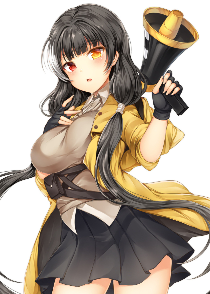 1girl absurdres bangs black_gloves black_hair black_skirt blush brown_vest collared_shirt cowboy_shot eyebrows_visible_through_hair fingerless_gloves girls_frontline gloves hair_tie heterochromia highres holding_megaphone hood hood_down hooded_jacket jacket long_hair looking_at_viewer multicolored_hair open_clothes open_jacket open_mouth orange_eyes painteen pleated_skirt red_eyes ro635_(girls_frontline) shirt sidelocks simple_background skirt solo streaked_hair twintails untucked_shirt vest white_background white_hair white_shirt yellow_eyes yellow_jacket