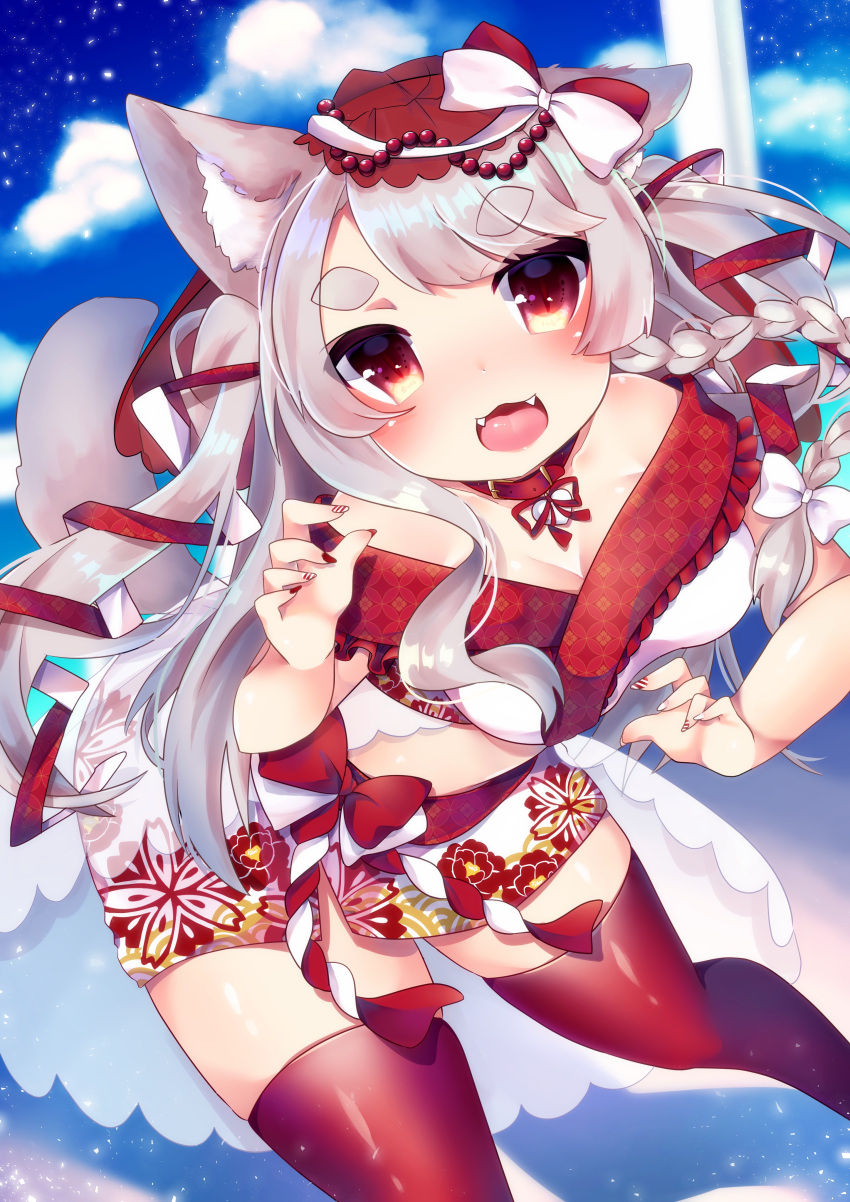 1girl :d absurdres animal_ears azur_lane bangs bare_shoulders blue_sky bow braid chiitamu clouds commentary_request day dutch_angle eyebrows_visible_through_hair fangs fingernails floral_print hair_bow hair_ribbon highres leaning_forward long_hair multicolored multicolored_nails nail_art nail_polish off_shoulder open_mouth outdoors print_skirt red_eyes red_legwear red_nails red_ribbon ribbon see-through short_eyebrows side_braid silver_hair single_braid skirt sky smile solo tail tail_raised thick_eyebrows thigh-highs two_side_up very_long_hair white_bow white_skirt wolf_ears wolf_girl wolf_tail yuudachi_(azur_lane)