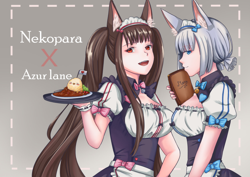 2girls :d absurdres akagi_(azur_lane) animal_ears apron azur_lane bell bird blue_bow blue_eyes blue_neckwear bow bowtie brown_hair cat_ears chao_(chaoticalien) chick chocola_(sayori) chocola_(sayori)_(cosplay) commentary_request copyright_name cosplay curry eyebrows_visible_through_hair food grey_background highres jingle_bell kaga_(azur_lane) long_hair looking_at_viewer maid maid_headdress mini_flag multiple_girls nekopara open_mouth pink_bow pink_neckwear profile puffy_short_sleeves puffy_sleeves red_eyes ribbon_trim short_hair short_sleeves simple_background smile tray twintails vanilla_(sayori) vanilla_(sayori)_(cosplay) very_long_hair waist_apron white_hair