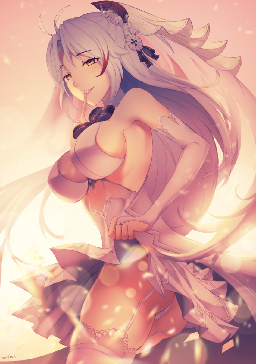 1girl absurdres alternate_costume antenna_hair ark_ford ass azur_lane bangs blush breasts bridal_gauntlets bridal_veil brown_eyes dress dress_lift evening eyebrows_visible_through_hair finger_to_mouth floating_hair garter_straps gloves hair_between_eyes headgear highres iron_cross lace lace-trimmed_thighhighs large_breasts lifted_by_self long_hair looking_at_viewer multicolored_hair no_bra outdoors panties parted_lips prinz_eugen_(azur_lane) redhead sideboob sidelocks signature silver_hair smile solo streaked_hair sunset thigh-highs thighs two_side_up underwear veil very_long_hair white_gloves white_legwear white_panties wind wind_lift