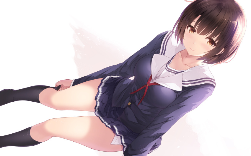 1girl bangs black_legwear blush breasts brown_eyes brown_hair cait closed_mouth commentary_request highres katou_megumi kneehighs large_breasts light_smile long_sleeves looking_at_viewer pleated_skirt saenai_heroine_no_sodatekata school_uniform short_hair simple_background skirt solo