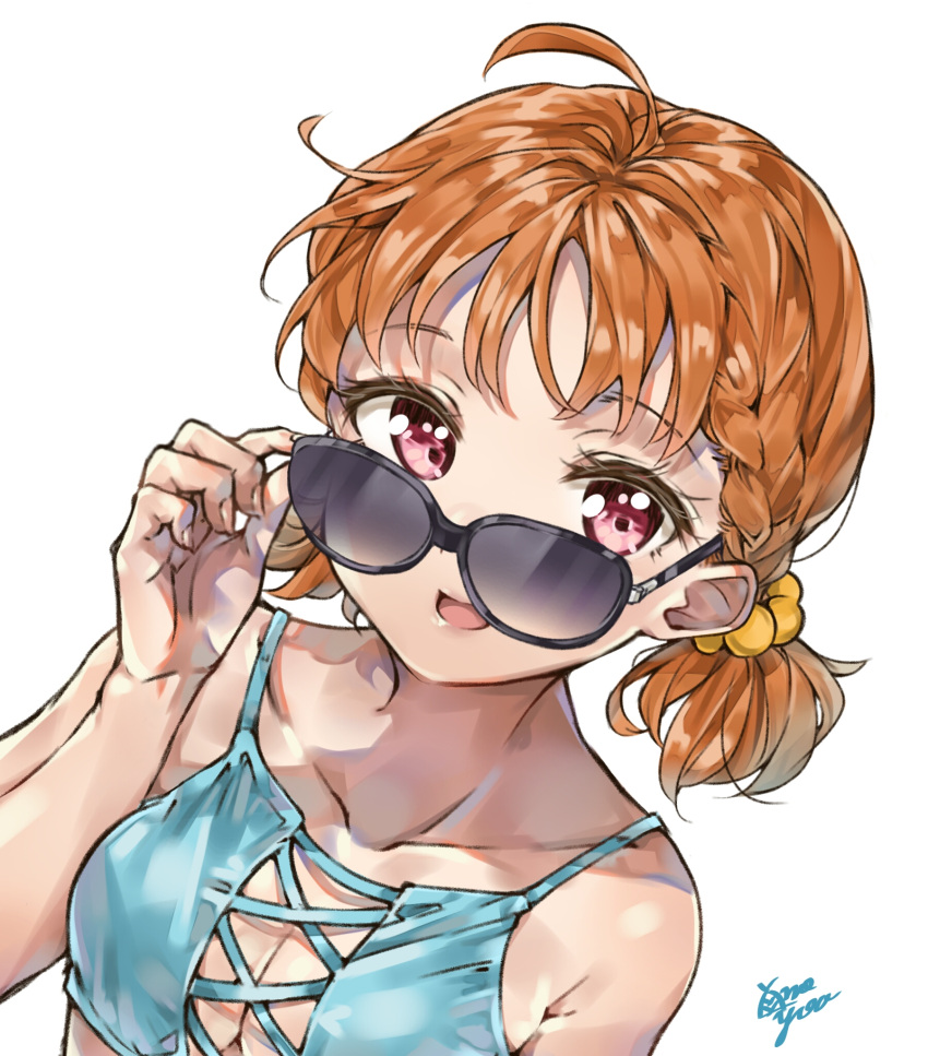 ahoge arm_up bikini_top blue_bikini_top breasts cleavage cleavage_cutout eyebrows_visible_through_hair hair_braid hand_up highres looking_at_viewer love_live! love_live!_sunshine!! open_mouth orange_hair portrait red_eyes short_hair short_twintails smile sunglasses takami_chika takenoko_no_you twintails white_background