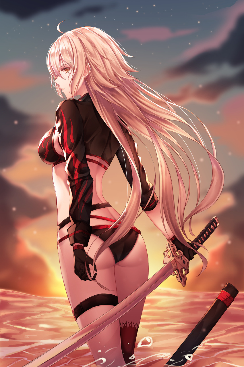 1girl absurdres ahoge ass bangs bikini black_gloves breasts clouds evening fate/grand_order fate_(series) gloves hair_between_eyes highres holding holding_sword holding_weapon jeanne_d'arc_(alter)_(fate) jeanne_d'arc_(alter_swimsuit_berserker) jeanne_d'arc_(fate)_(all) katana long_hair looking_at_viewer looking_back minin982 open_mouth outdoors profile silver_hair single_thighhigh sky solo swimsuit sword thigh-highs thighs wading water weapon wind yellow_eyes
