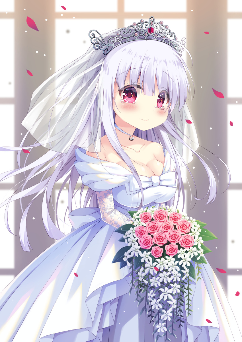 1girl absurdres azur_lane bangs bare_shoulders blurry blurry_background blush bouquet bow breasts bridal_veil cleavage closed_mouth collarbone commentary_request cygnet_(azur_lane) depth_of_field detached_sleeves dress eyebrows_visible_through_hair flower hair_between_eyes head_tilt highres holding holding_bouquet long_hair long_sleeves looking_at_viewer medium_breasts off-shoulder_dress off_shoulder petals red_eyes red_flower red_rose rose satsuki_yukimi see-through see-through_sleeves silver_hair smile solo tears tiara veil very_long_hair white_bow white_dress white_flower window