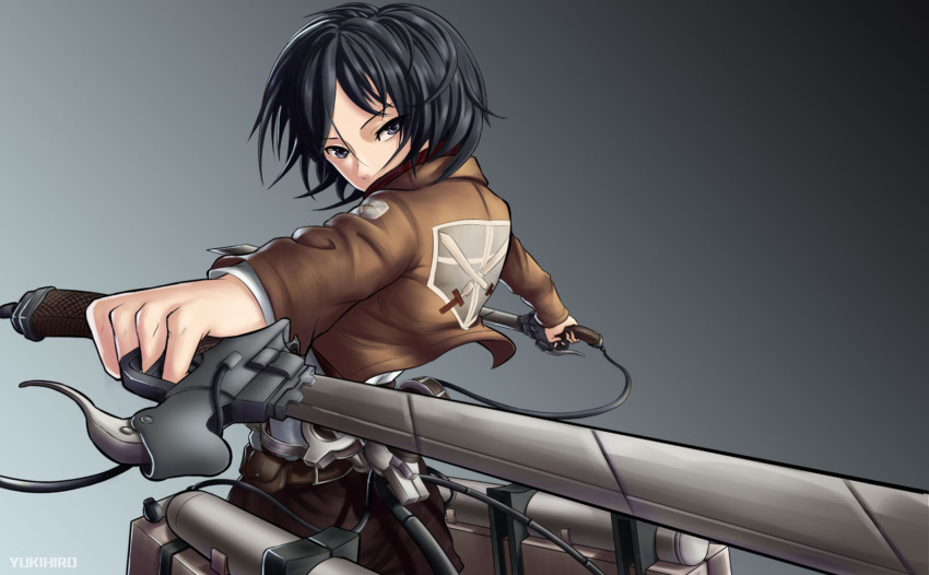 1girl artist_name belt_pouch black_eyes black_hair emblem foreshortening gradient gradient_background grey_background highres holding holding_weapon jacket mikasa_ackerman paradis_military_uniform pouch shingeki_no_kyojin short_hair solo standing sword three-dimensional_maneuver_gear weapon yukihiro_(kimizora)