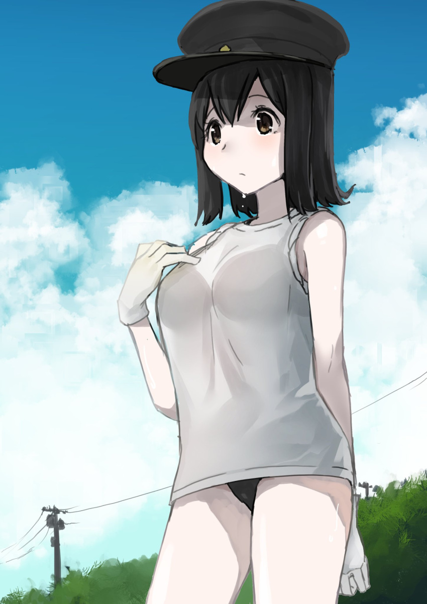 1girl akitsu_maru_(kantai_collection) alternate_costume bikini bikini_under_clothes black_bikini black_hair blue_sky breasts cowboy_shot gloves grey_eyes hand_on_own_chest hat highres kantai_collection large_breasts masukuza_j outdoors pale_skin peaked_cap see-through shirt short_hair sky sleeves_rolled_up solo swimsuit t-shirt telephone_pole water_drop white_gloves white_shirt