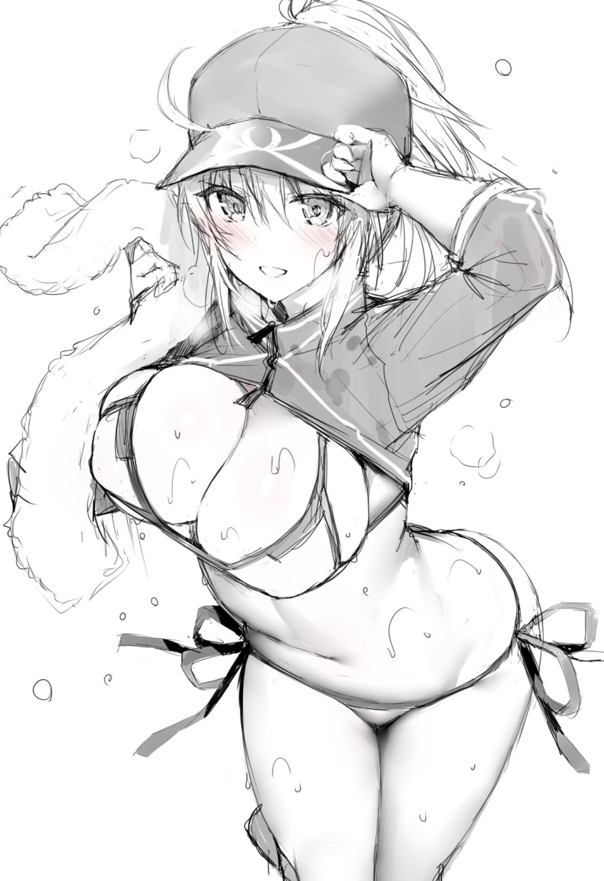 1girl adjusting_headwear ahoge arm_up artoria_pendragon_(all) bangs baseball_cap bikini blue_gk blush breasts cleavage fate/grand_order fate_(series) greyscale hair_between_eyes hat highres hips large_breasts long_hair looking_at_viewer monochrome mysterious_heroine_xx_(foreigner) navel parted_lips ponytail shrug_(clothing) side-tie_bikini simple_background smile solo sweat swimsuit thighs towel waist white_background
