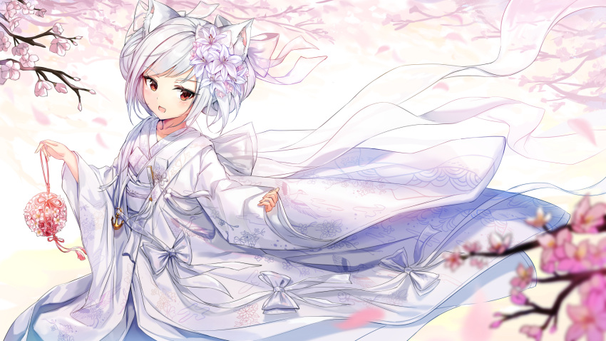 1girl :d azur_lane bangs blurry blurry_background blurry_foreground blush bow commentary_request depth_of_field double_bun eyebrows_visible_through_hair fang floral_print flower highres japanese_clothes kimono long_hair long_sleeves looking_at_viewer obi open_mouth pdxen petals pinching_sleeves pink_flower print_kimono red_eyes sash side_bun silver_hair sleeves_past_wrists smile solo tree_branch very_long_hair white_bow white_kimono wide_sleeves yukikaze_(azur_lane)