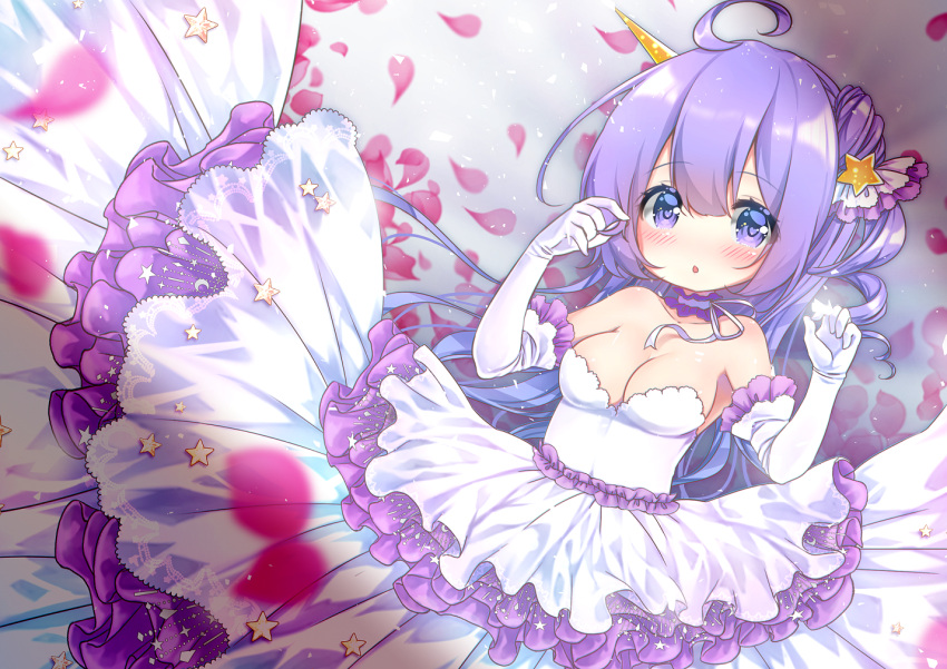 1girl :o azur_lane bangs bare_shoulders blurry blurry_foreground blush breasts cleavage commentary_request depth_of_field dress elbow_gloves eyebrows_visible_through_hair gloves hair_between_eyes hair_bun hair_ornament hands_up long_hair looking_at_viewer medium_breasts one_side_up parted_lips petals playing_with_own_hair pleated_dress purple_hair sawa_(sawasaku) side_bun solo star star_hair_ornament strapless strapless_dress unicorn_(azur_lane) very_long_hair violet_eyes white_dress white_gloves