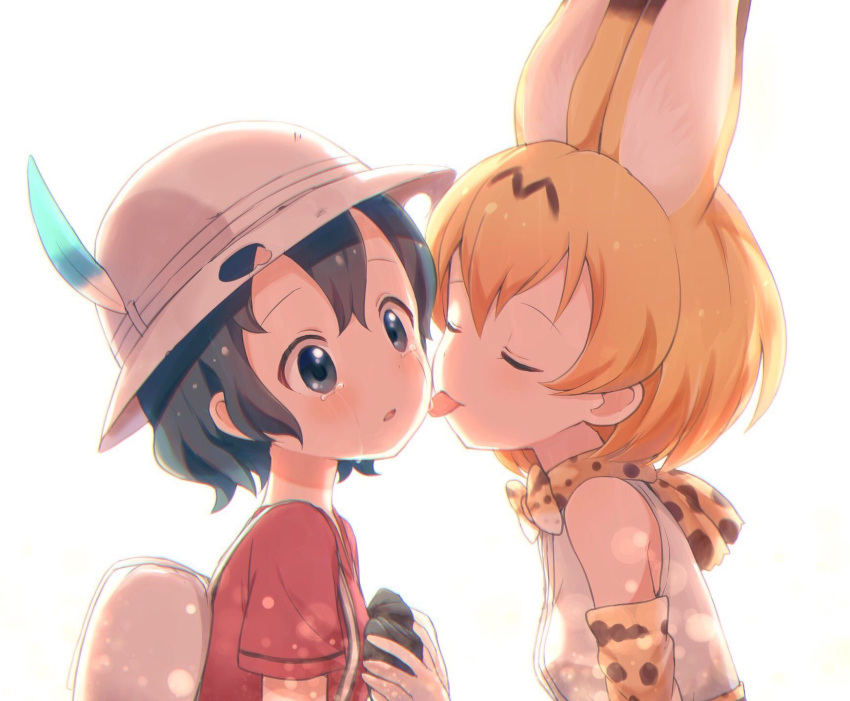 2girls animal_ears backpack bag black_hair blonde_hair blue_eyes bow bowtie buchi_(y0u0ri_) bucket_hat closed_eyes commentary_request elbow_gloves face_licking gloves hand_holding hat highres kaban_(kemono_friends) kemono_friends licking multicolored_hair multiple_girls serval_(kemono_friends) serval_ears serval_print shirt short_hair short_sleeves sleeveless t-shirt tears