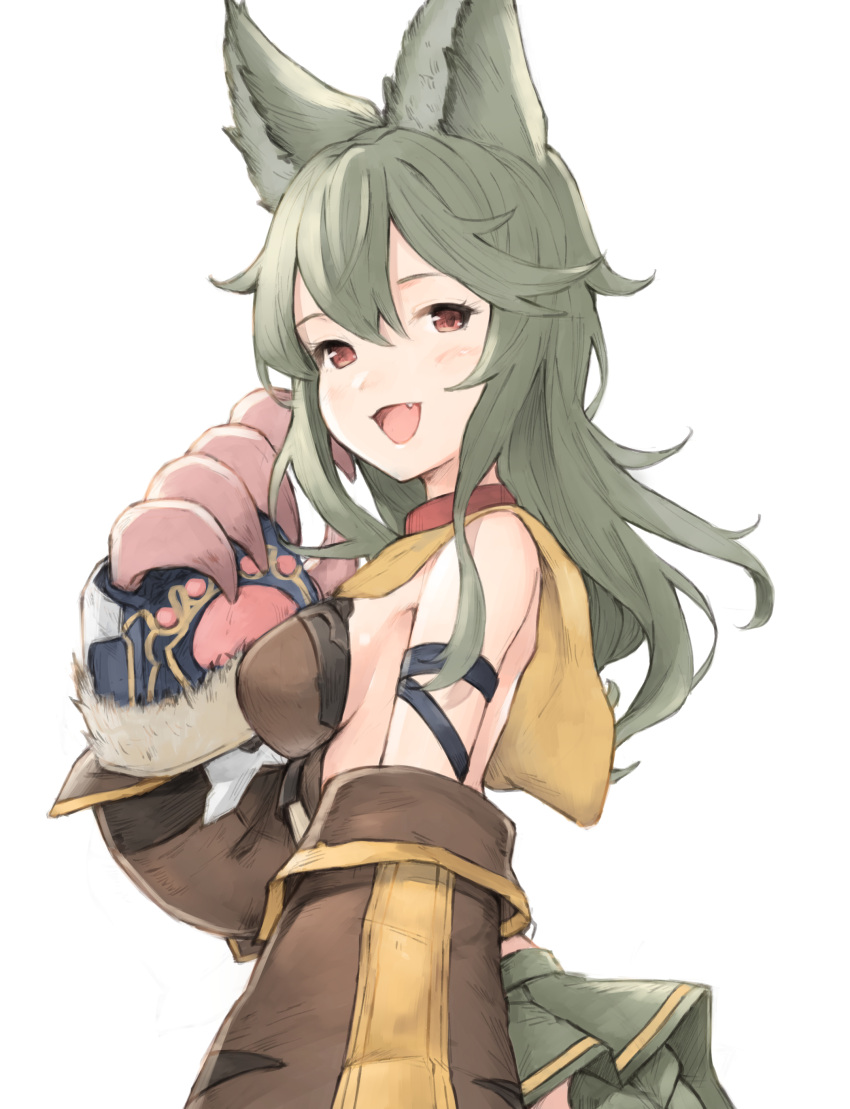 1girl :d absurdres animal_ears arm_strap bangs bare_shoulders blush breasts capelet claw_pose commentary_request detached_sleeves erune fang from_side fur-trimmed_sleeves fur_trim granblue_fantasy green_skirt hand_up highres koretsuki_azuma long_hair long_sleeves looking_at_viewer looking_to_the_side medium_breasts open_mouth red_eyes sen_(granblue_fantasy) sideboob simple_background skirt smile solo upper_body white_background yellow_capelet