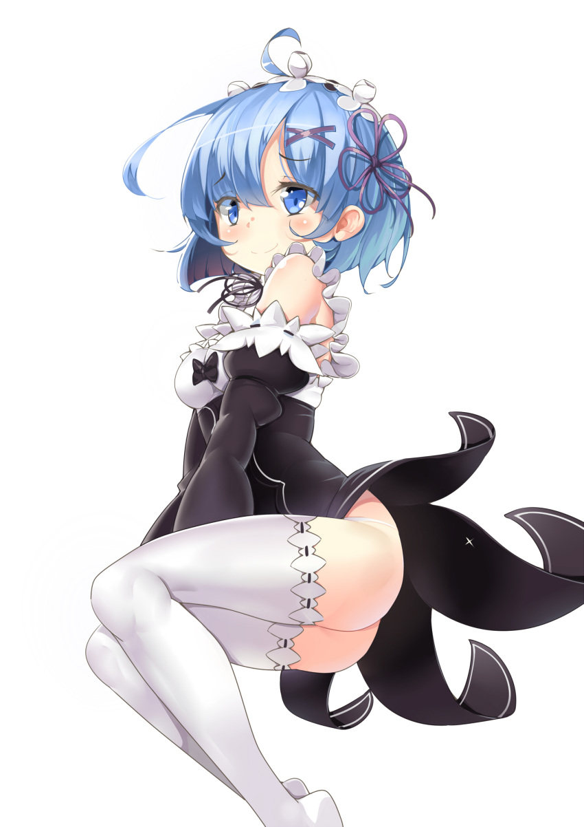 1girl ass bare_shoulders blue_eyes blue_hair blush closed_mouth from_side hair_ornament hair_ribbon highres looking_at_viewer maid no_shoes ootsuki_momiji panties re:zero_kara_hajimeru_isekai_seikatsu rem_(re:zero) ribbon short_hair smile solo thigh-highs underwear v_arms white_legwear white_panties x_hair_ornament