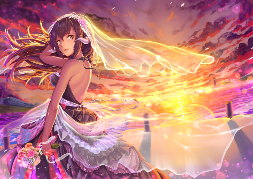1girl azur_lane backless_dress backless_outfit bangs black_hair blush bouquet breasts bridal_veil bride brown_hair crying crying_with_eyes_open dress evening floating_hair flower from_side hair_between_eyes hair_flower hair_ornament hand_behind_head happy_tears highres holding holding_bouquet horns jewelry layered_dress lighthouse long_hair looking_at_viewer medium_breasts mikasa_(azur_lane) multicolored multicolored_clothes multicolored_dress ocean open_mouth outdoors ring sidelocks smile solo sunset tears transparent veil water wedding_band wedding_dress wind wind_lift yami_kumo yellow_eyes