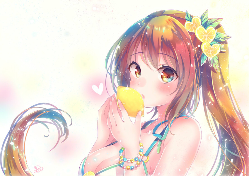 1girl bangs bare_shoulders bikini bikini_top blue_eyes blue_ribbon blush bracelet breasts brown_eyes brown_hair character_request cleavage commentary english_commentary eyebrows_visible_through_hair food food_themed_hair_ornament fruit gothic_wa_mahou_otome gradient_hair hair_ornament heart heart_hair_ornament holding holding_food jewelry leaf lemon lemon_slice light_particles long_hair looking_at_viewer medium_breasts multicolored multicolored_eyes multicolored_hair nemuri_nemu orange_hair pearl_bracelet pink_lips pouty_lips ribbon shiny shiny_hair sign solo swimsuit twintails upper_body white_background white_bikini