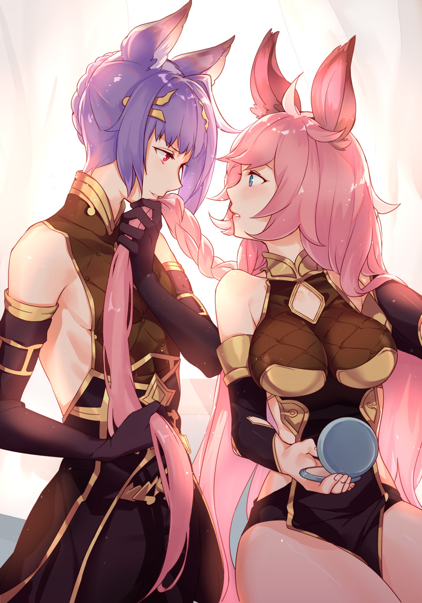 1boy 1girl absurdres ahoge aki663 animal_ears bare_shoulders blue_eyes blush braid breasts couple detached_sleeves elbow_gloves erune esser eye_contact gloves granblue_fantasy grin hair_grab hetero highres large_breasts long_hair looking_at_another looking_back parted_lips pink_hair purple_hair quatre_(granblue_fantasy) red_eyes short_hair sitting sleeveless smile standing