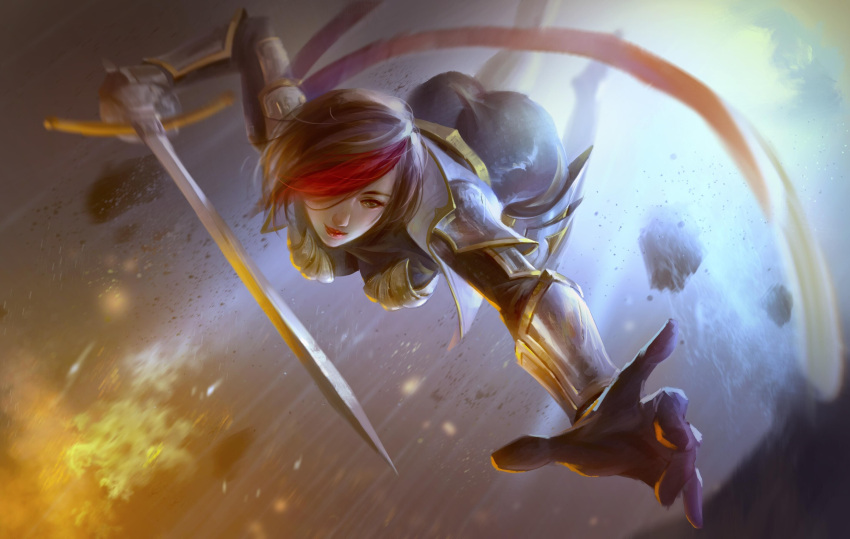 1girl absurdres ass black_hair bodysuit boobplate bracer breastplate breasts fiora_laurent hair_over_one_eye highres league_of_legends medium_breasts rapier redhead solo sword tagme weapon wei_feng