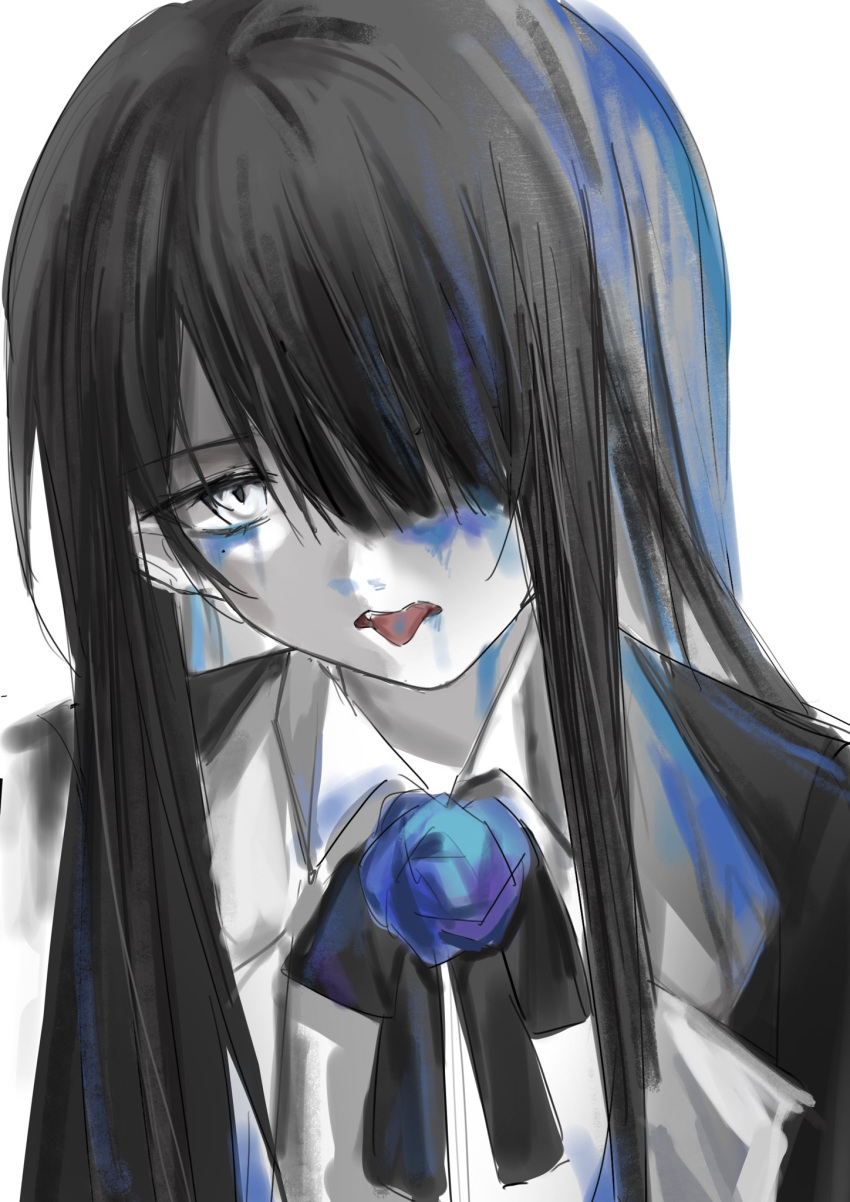 1girl 7026jaja ado_(utaite) black_hair chando_(ado) chinese_commentary cloud_nine_inc commentary_request hair_over_one_eye highres long_hair looking_at_viewer mole mole_under_eye open_mouth paint_on_clothes paint_splatter paint_splatter_on_face sidelocks simple_background solo teeth tongue tongue_out upper_body upper_teeth_only utaite white_background white_eyes