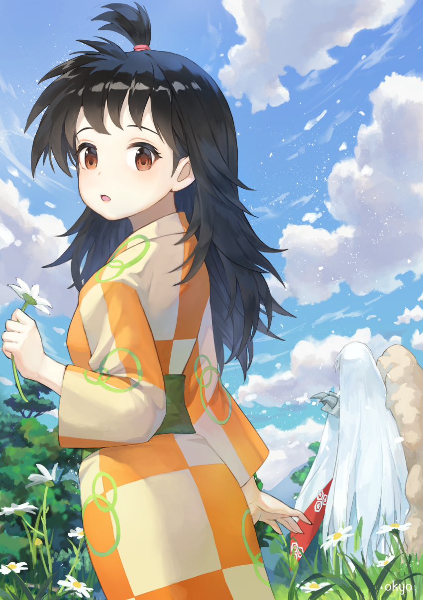 1boy 1girl :o absurdres artist_name bangs black_hair brown_eyes checkered checkered_kimono clouds day flower highres holding holding_flower inuyasha japanese_clothes kimono long_hair long_sleeves looking_at_viewer looking_back obi one_side_up orange_kimono outdoors rin_(inuyasha) sash sesshoumaru sky sleeves_past_fingers sleeves_past_wrists songdaesic very_long_hair white_flower white_hair wide_sleeves
