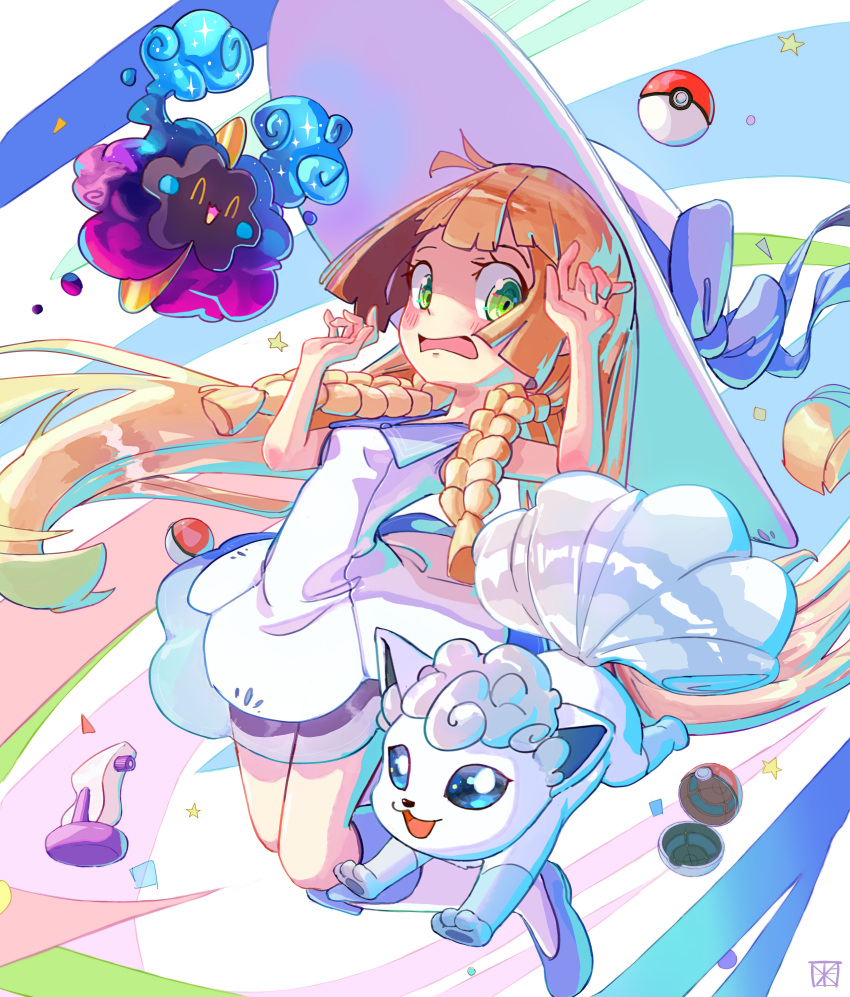 1girl absurdres alolan_vulpix azoura blonde_hair blush cosmog creatures_(company) dress game_freak gen_1_pokemon gen_7_pokemon green_eyes hat highres lillie_(pokemon) nintendo poke_ball pokemon pokemon_(anime) pokemon_sm_(anime) potion_(pokemon) sun_hat vulpix white_dress white_hat