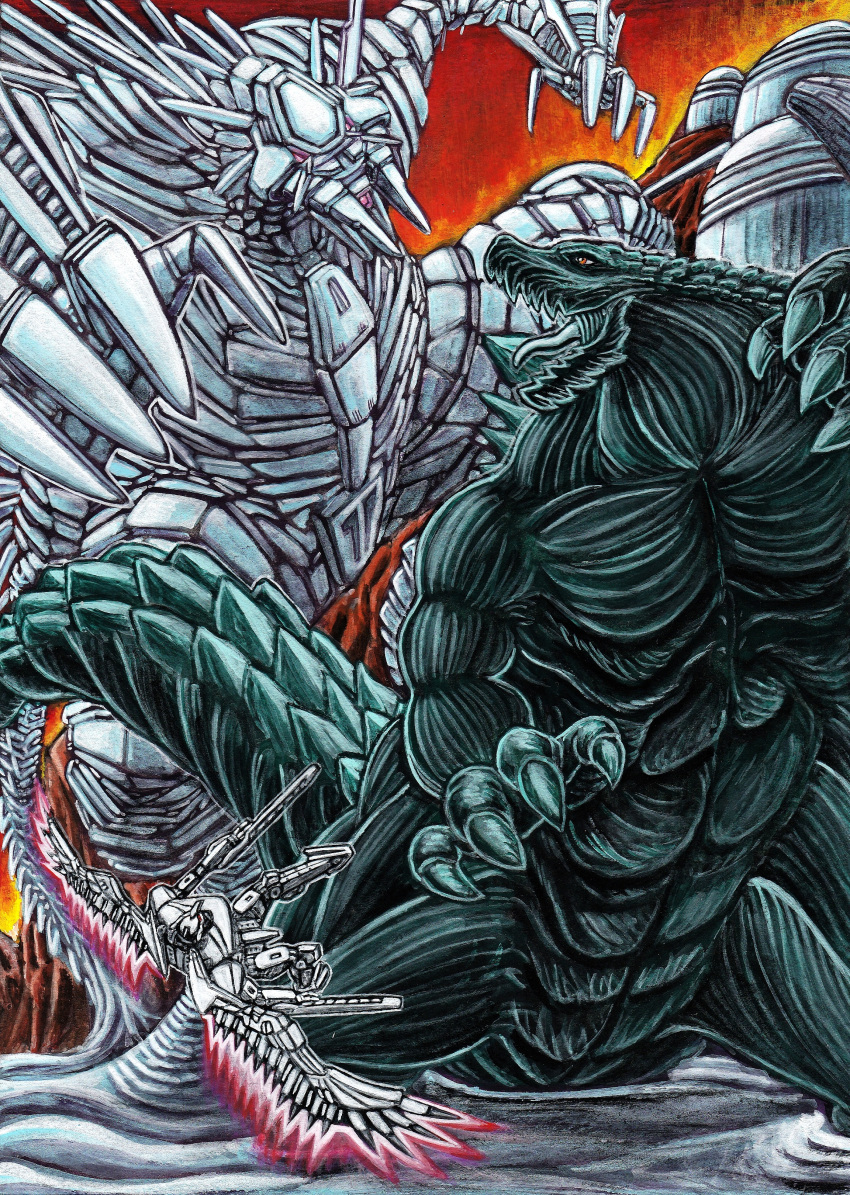 absurdres battle character_request claws commentary furuta_yoroshi giant glowing glowing_eyes godzilla godzilla:_city_on_the_edge_of_battle godzilla:_planet_of_the_monsters godzilla_(series) godzilla_earth highres kaijuu mecha mechagodzilla mechagodzilla_(godzilla:_city_on_the_edge_of_battle) monster no_humans robot science_fiction size_difference super_robot tail traditional_media weapon