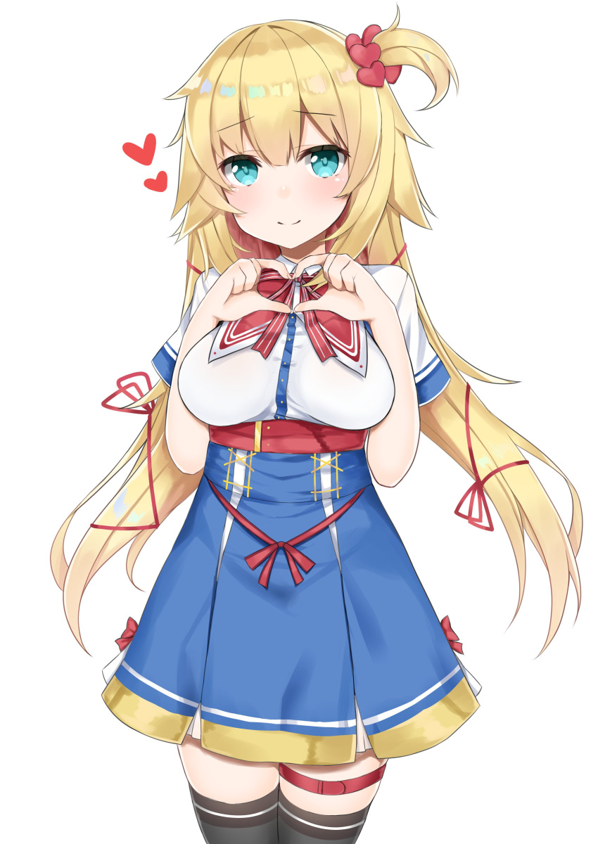 1girl absurdres akai_haato bangs black_legwear blonde_hair blue_eyes blush breasts commentary_request cowboy_shot dress eyebrows_visible_through_hair hair_ornament hair_ribbon hashiko_nowoto heart heart_hair_ornament heart_hands highres hololive large_breasts long_hair looking_at_viewer low_twintails multicolored_hair one_side_up pink_hair ribbon short_sleeves simple_background smile solo standing thigh-highs thigh_strap twintails two-tone_hair underbust virtual_youtuber white_background