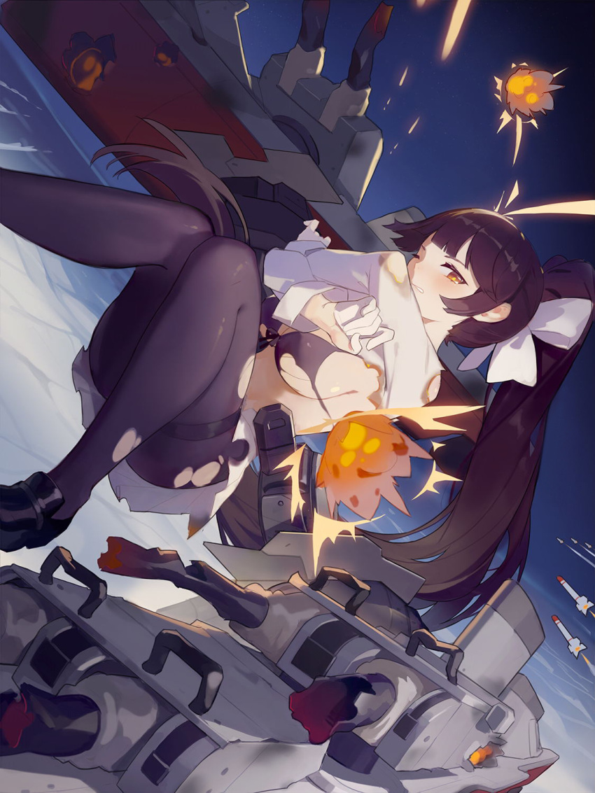 1girl arms_up azur_lane bangs black_bra black_footwear black_legwear blue_sky blush bow bra breasts broken burnt_clothes commentary_request convenient_leg cubies_(tiger_205) day dutch_angle explosion front-hook_bra gloves hair_bow high_ponytail highres large_breasts loafers long_hair long_sleeves looking_at_viewer machinery miniskirt ocean one_eye_closed outdoors pantyhose parted_lips pleated_skirt ponytail shirt shoes sideboob skirt sky solo takao_(azur_lane) thighband_pantyhose torn_clothes torn_pantyhose torn_shirt torn_skirt torpedo underwear very_long_hair water white_bow white_gloves white_shirt white_skirt yellow_eyes