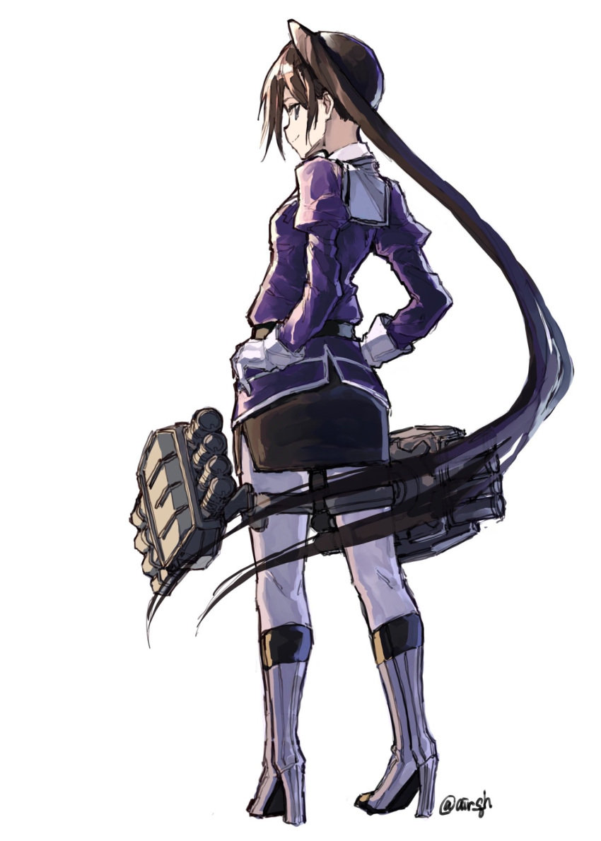 1girl absurdly_long_hair air_qh black_hair black_skirt boots from_behind full_body hands_on_hips high_heel_boots high_heels highres kantai_collection long_hair looking_at_viewer looking_back nachi_(kantai_collection) pantyhose remodel_(kantai_collection) side_ponytail simple_background skirt smile solo twitter_username very_long_hair white_background white_legwear
