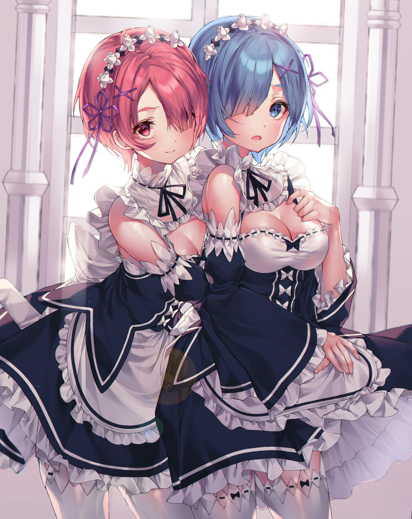 2girls absurdres bare_shoulders black_ribbon blue_eyes blue_hair blush breasts cleavage closed_mouth detached_sleeves dress frilled_sleeves frills hair_ornament hair_over_one_eye highres kinty lens_flare looking_at_viewer maid medium_breasts multiple_girls neck_ribbon open_mouth pink_eyes pink_hair ram_(re:zero) re:zero_kara_hajimeru_isekai_seikatsu rem_(re:zero) ribbon short_hair siblings sisters sleeves_past_wrists smile standing thigh-highs twins white_legwear window x_hair_ornament